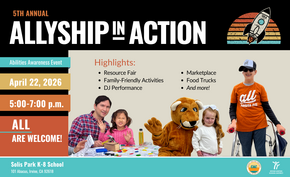 Poster for the 5th Annual Allyship in Action Abilities Awareness Event on April 22, 2026, from 5-7 PM at Solis Park K-8 School.